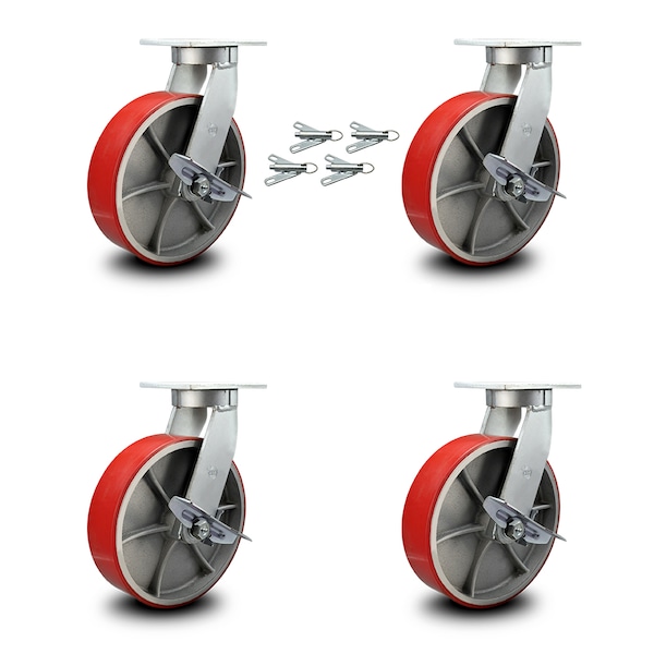 Service Caster 10 Inch Heavy Duty Red Poly on Cast Iron Caster Set with Brake and Swivel Lock SCC-KP92S1030-PUR-RS-SLB-BSL-4 - main